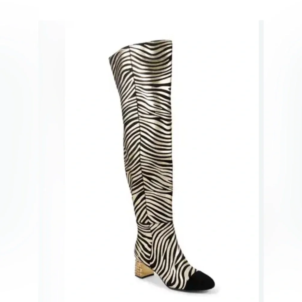 Kurt Geiger Mayfair Crystal Black Gold Zebra OTK Boots 37=7